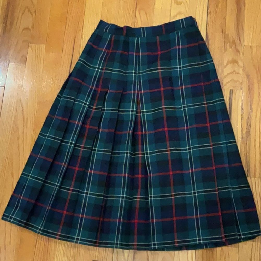 Ann Stevens Small Vtg Plaid Wool Pleated Skirt Union Label Green Blue Red 70s